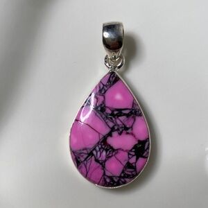 Pink Dahlia Turquoise Teardrop Pendant | Sterling Silver Boho Statement ✨